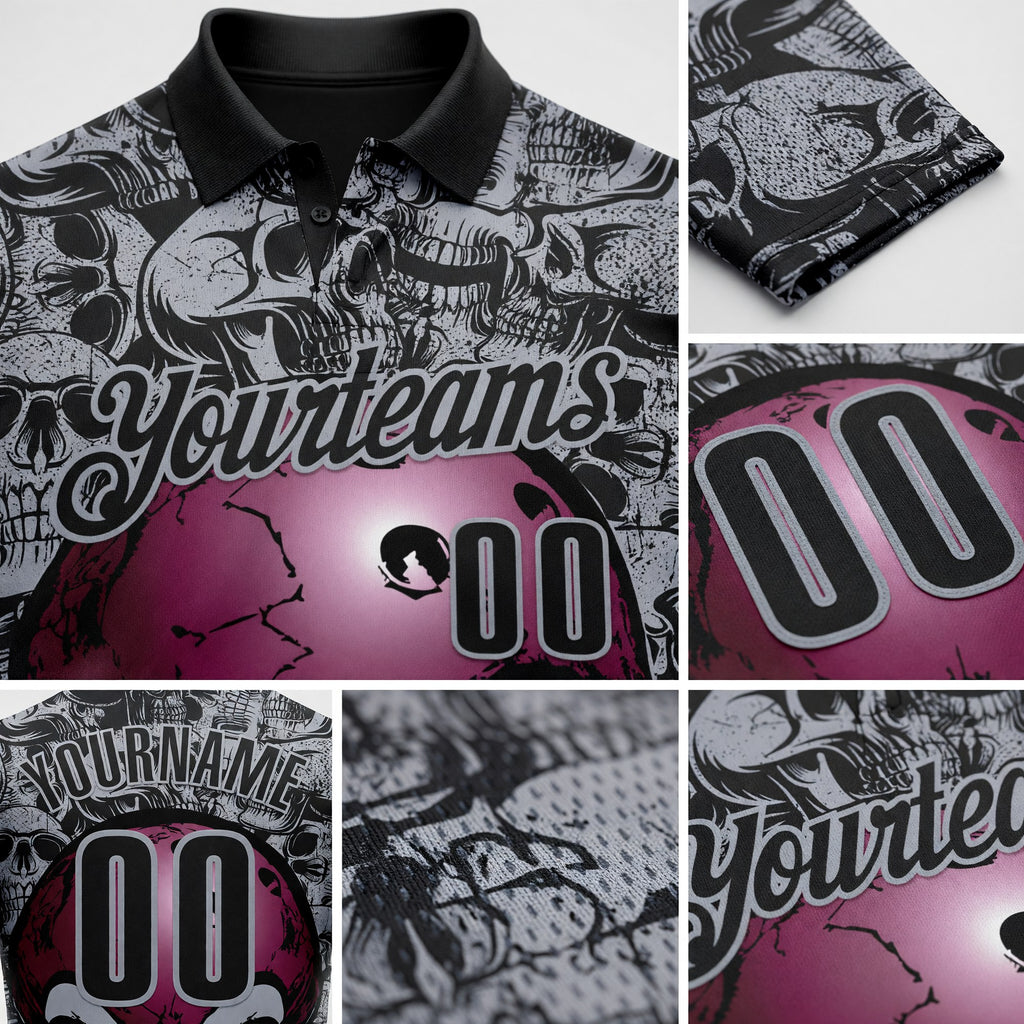 Custom Black-Gray Bowling Ball Strike Skull Performance Polo Shirt detail