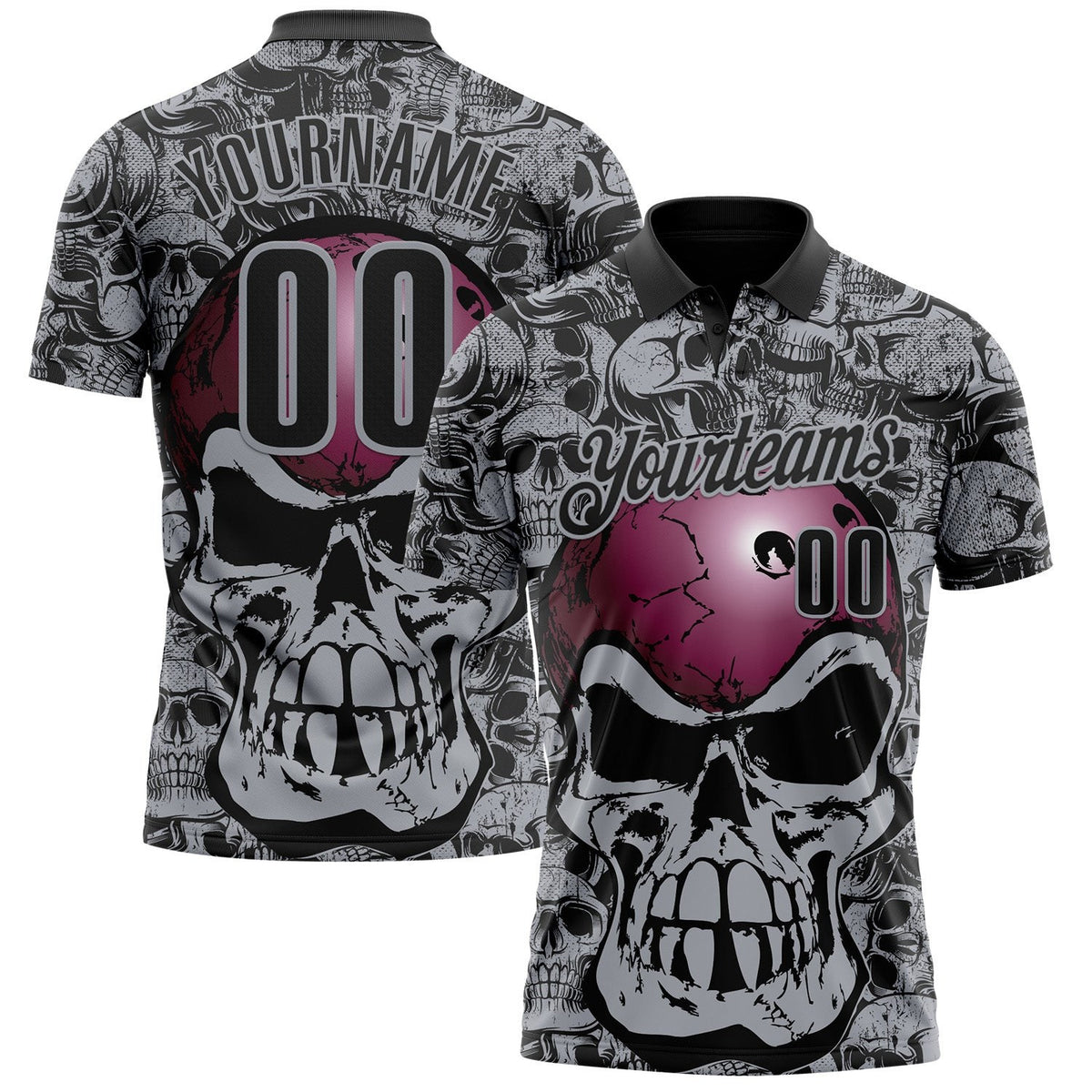 Custom Black-Gray Bowling Ball Strike Skull Performance Polo Shirt photo 1