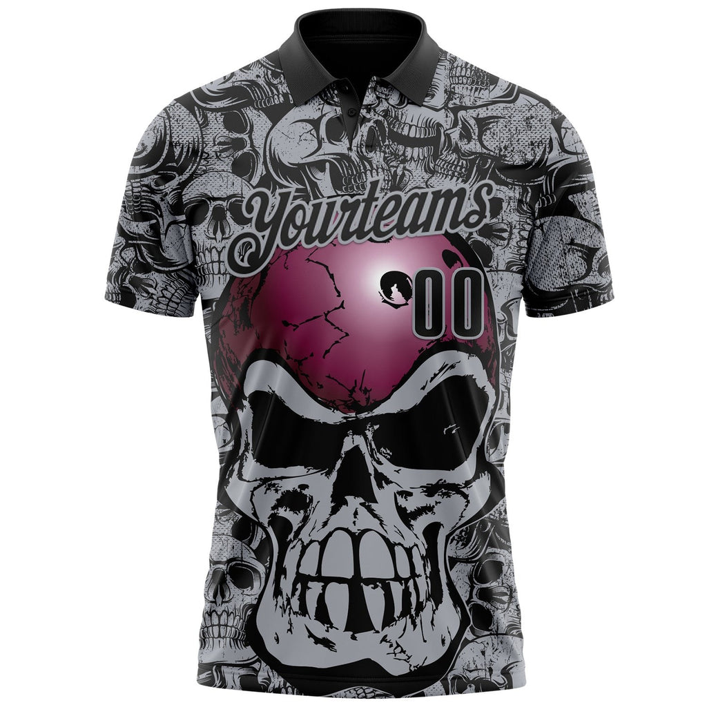 Custom Black-Gray Bowling Ball Strike Skull Performance Polo Shirt photo 2