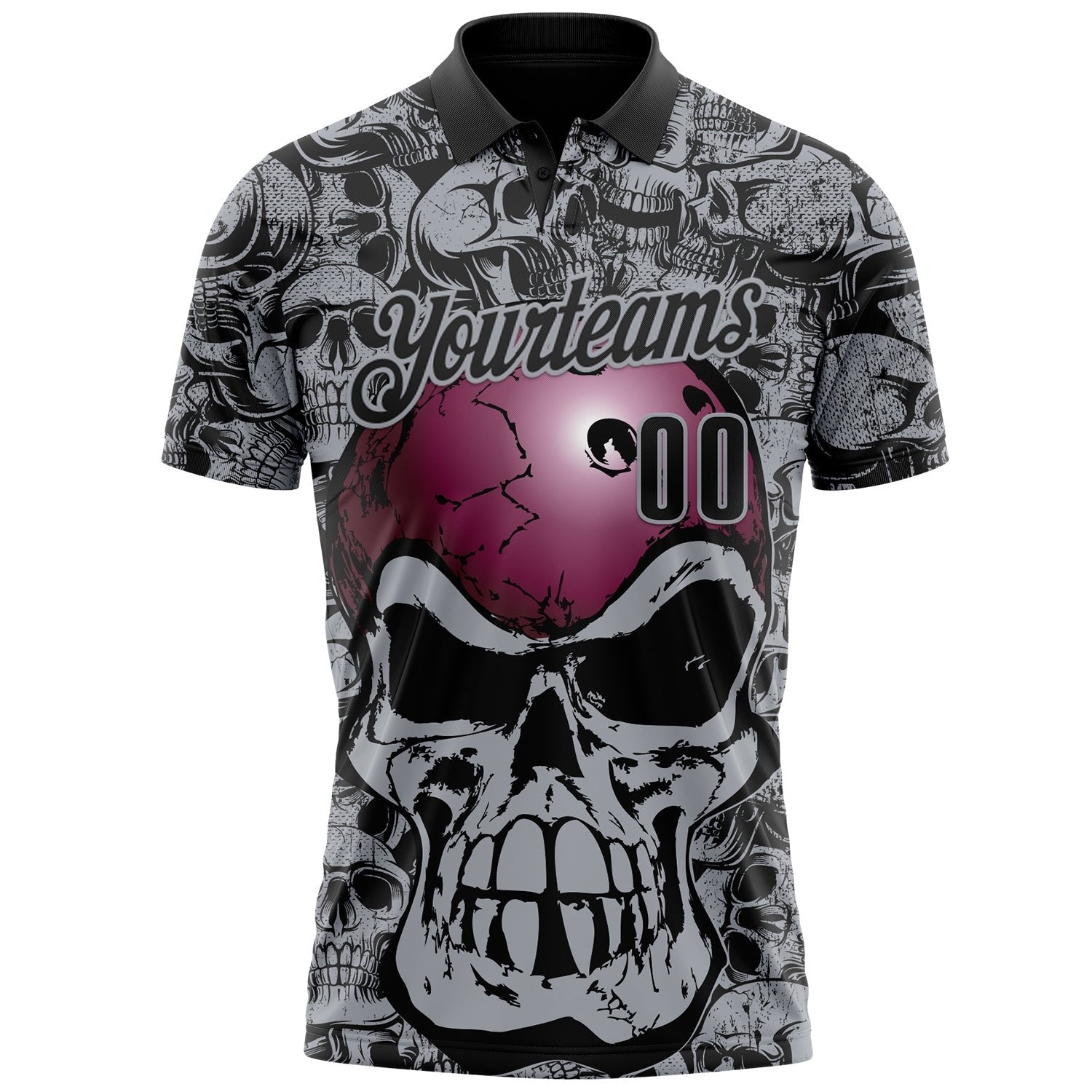 Custom Black-Gray Bowling Ball Strike Skull Performance Polo Shirt photo 2