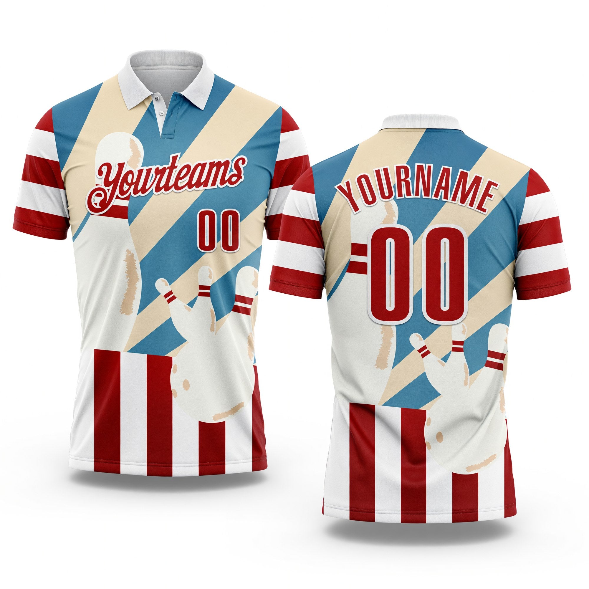 Custom White Red-Shadow Blue Bowling American Flag Performance Polo Shirt