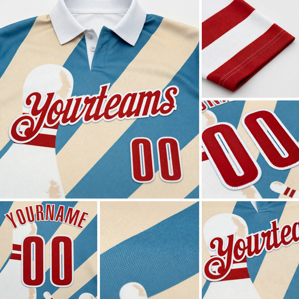Custom White Red-Shadow Blue Bowling American Flag Performance Polo Shirt detail