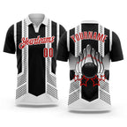 Custom Black Red-White Bowling Ball And Pins Strike Stars Performance Polo Shirt