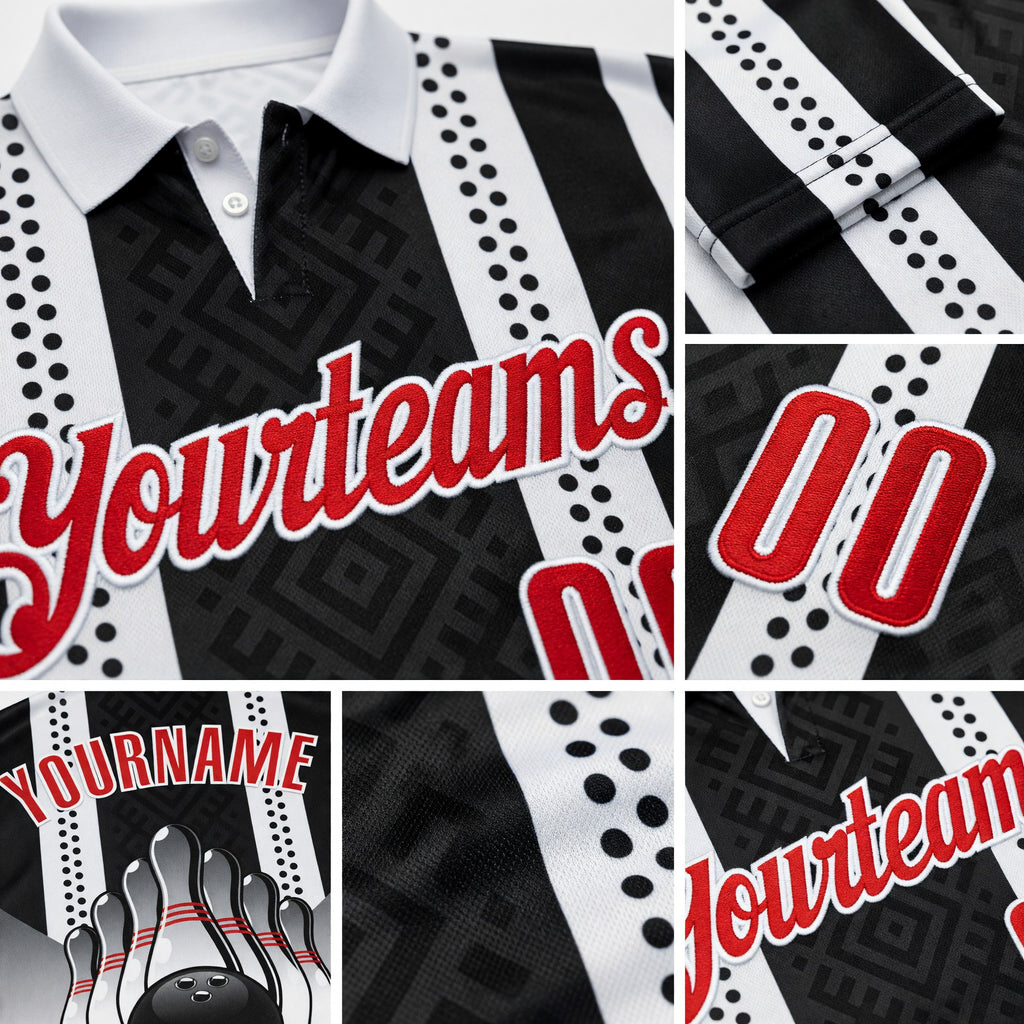 Custom Black Red-White Bowling Ball And Pins Strike Stars Performance Polo Shirt detail