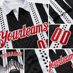 Custom Black Red-White Bowling Ball And Pins Strike Stars Performance Polo Shirt detail