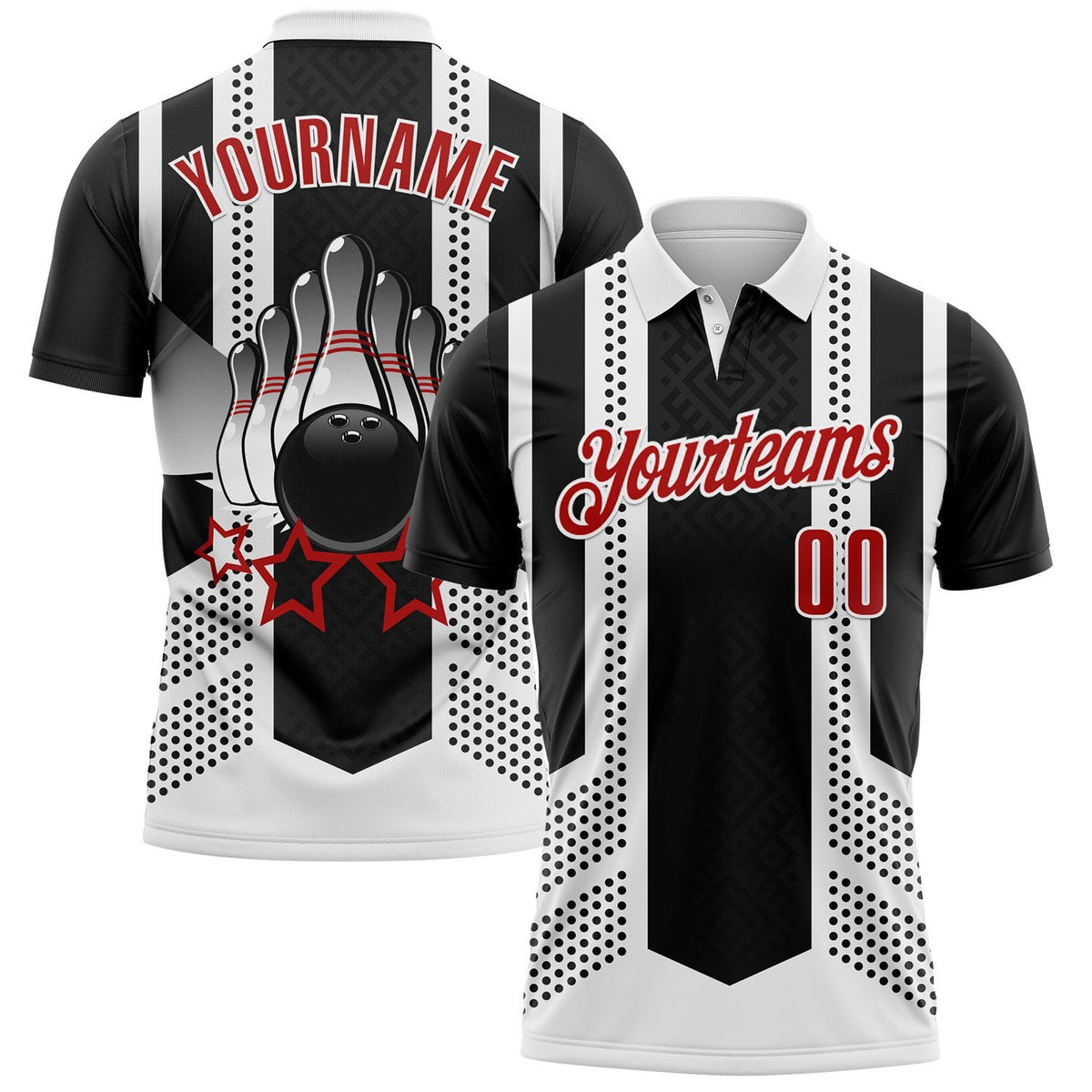Custom Black Red-White Bowling Ball And Pins Strike Stars Performance Polo Shirt photo 1