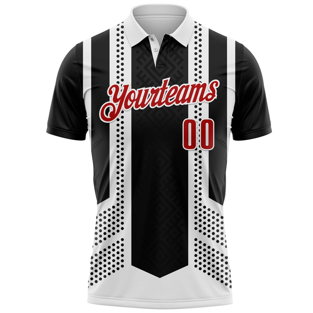 Custom Black Red-White Bowling Ball And Pins Strike Stars Performance Polo Shirt photo 2