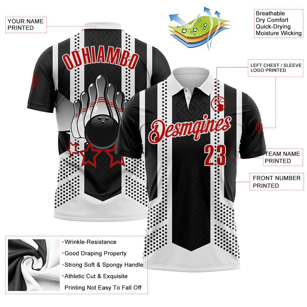 Custom Black Red-White Bowling Ball And Pins Strike Stars Performance Polo Shirt photo 3