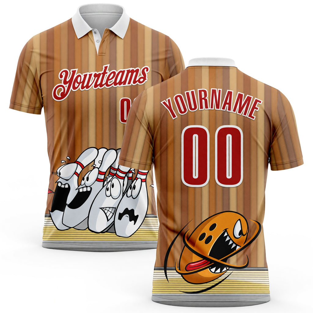 Custom Brown Red-White Bowling Strike Funny Performance Polo Shirt