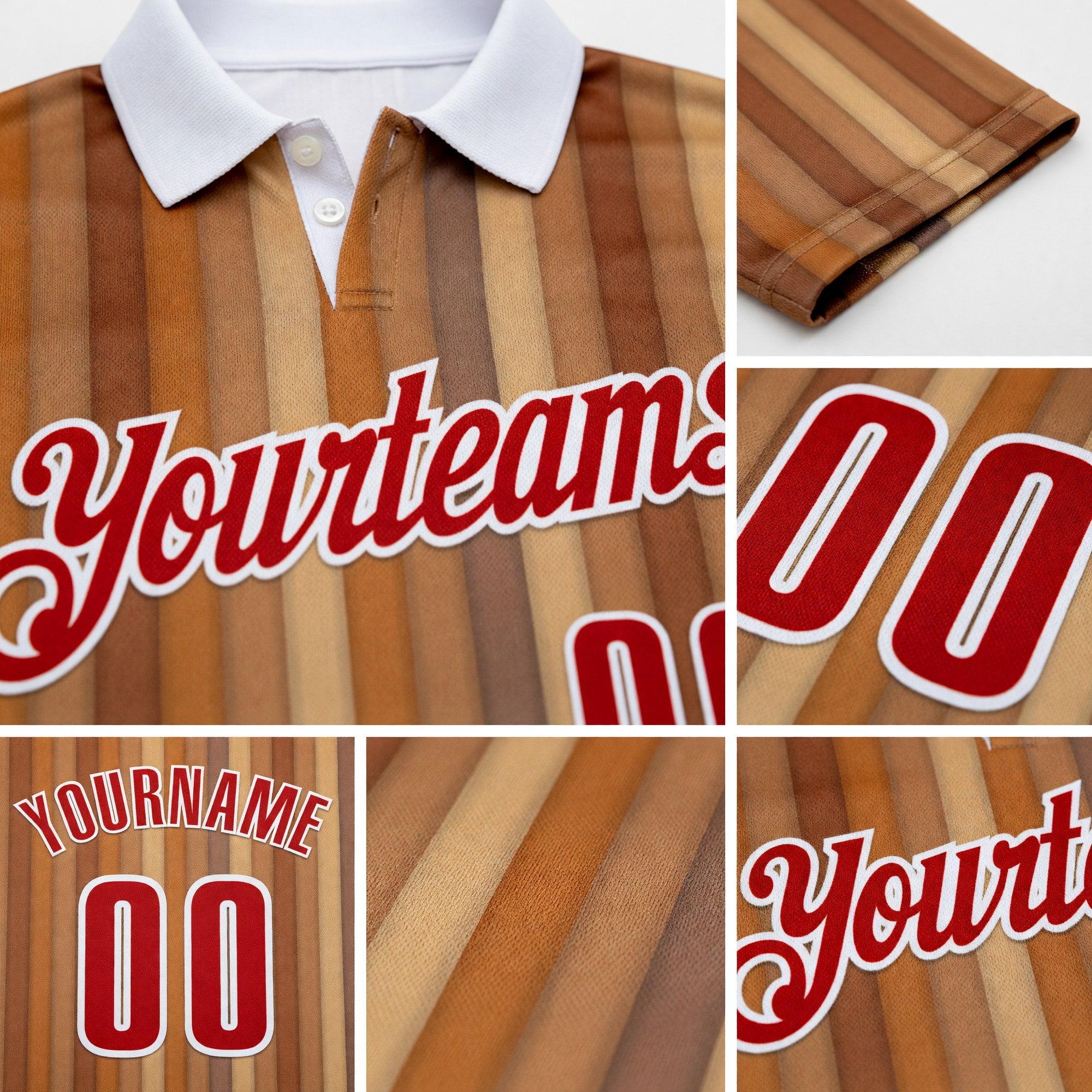 Custom Brown Red-White Bowling Strike Funny Performance Polo Shirt detail