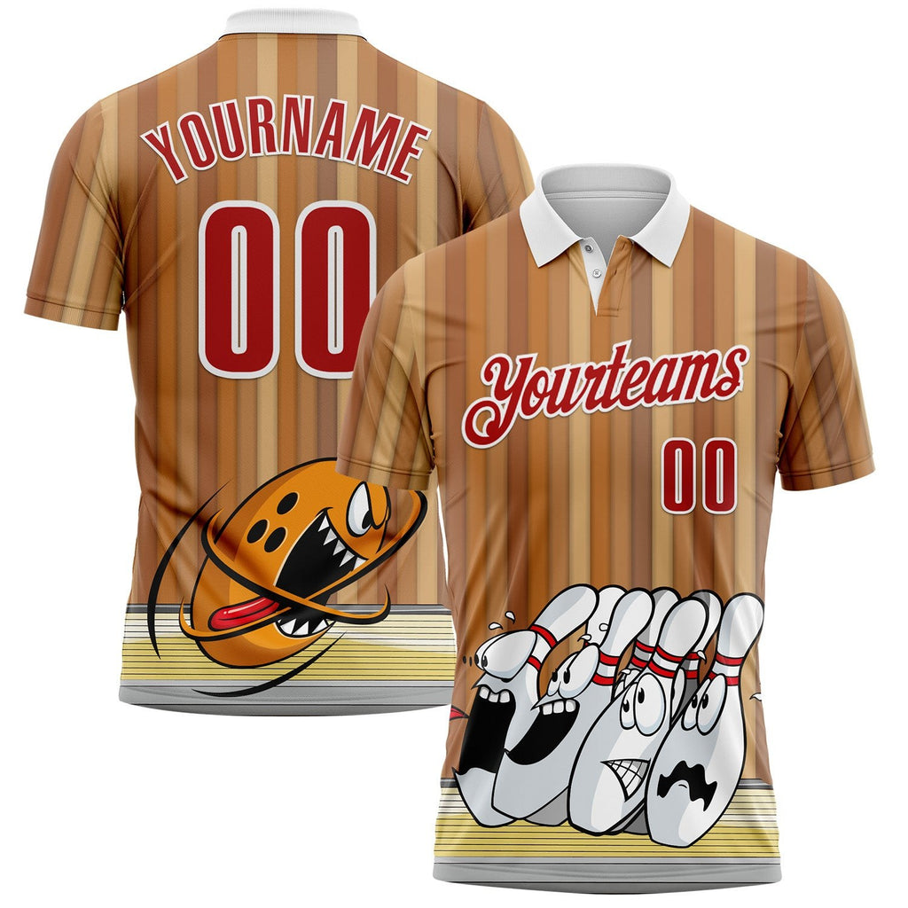 Custom Brown Red-White Bowling Strike Funny Performance Polo Shirt photo 1