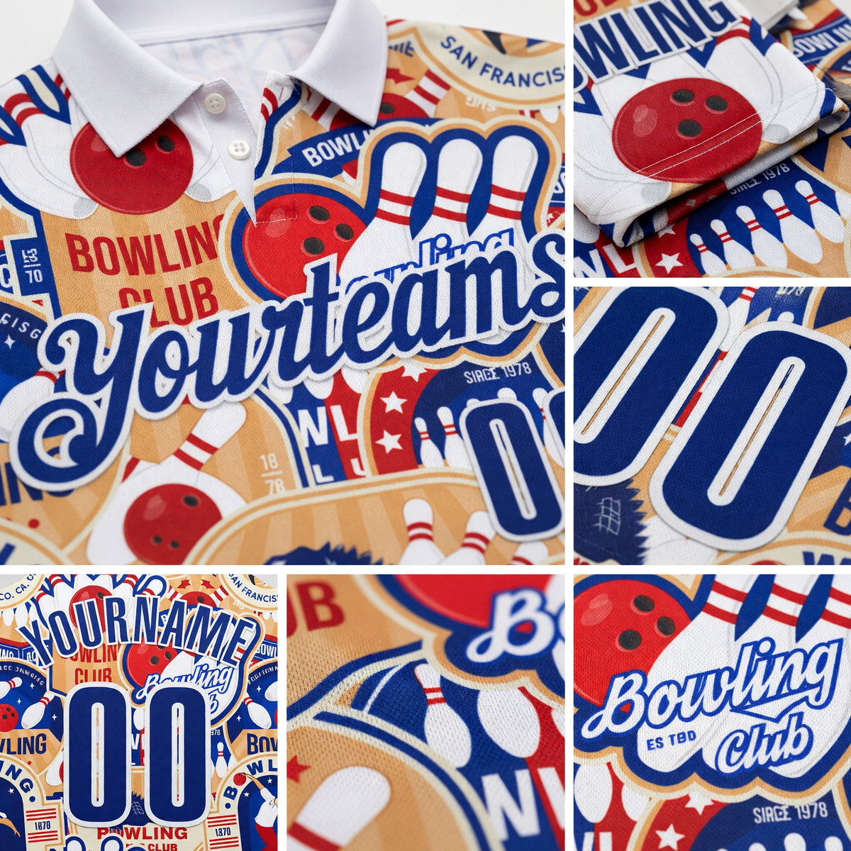 Custom White-Royal Bowling Club American Inspired Performance Polo Shirt detail