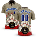 Custom Brown Royal-White Bowling Ball And Pins Strike American Inspired Performance Polo Shirt