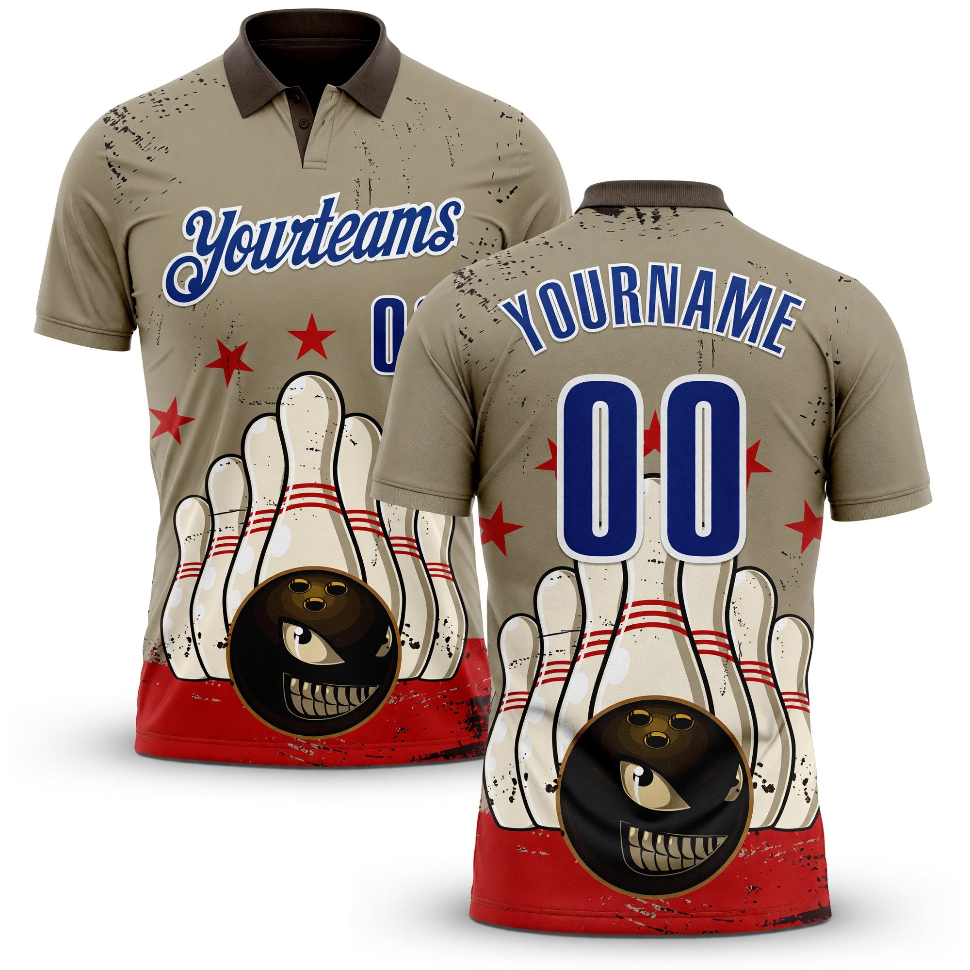 Custom Brown Royal-White Bowling Ball And Pins Strike American Inspired Performance Polo Shirt