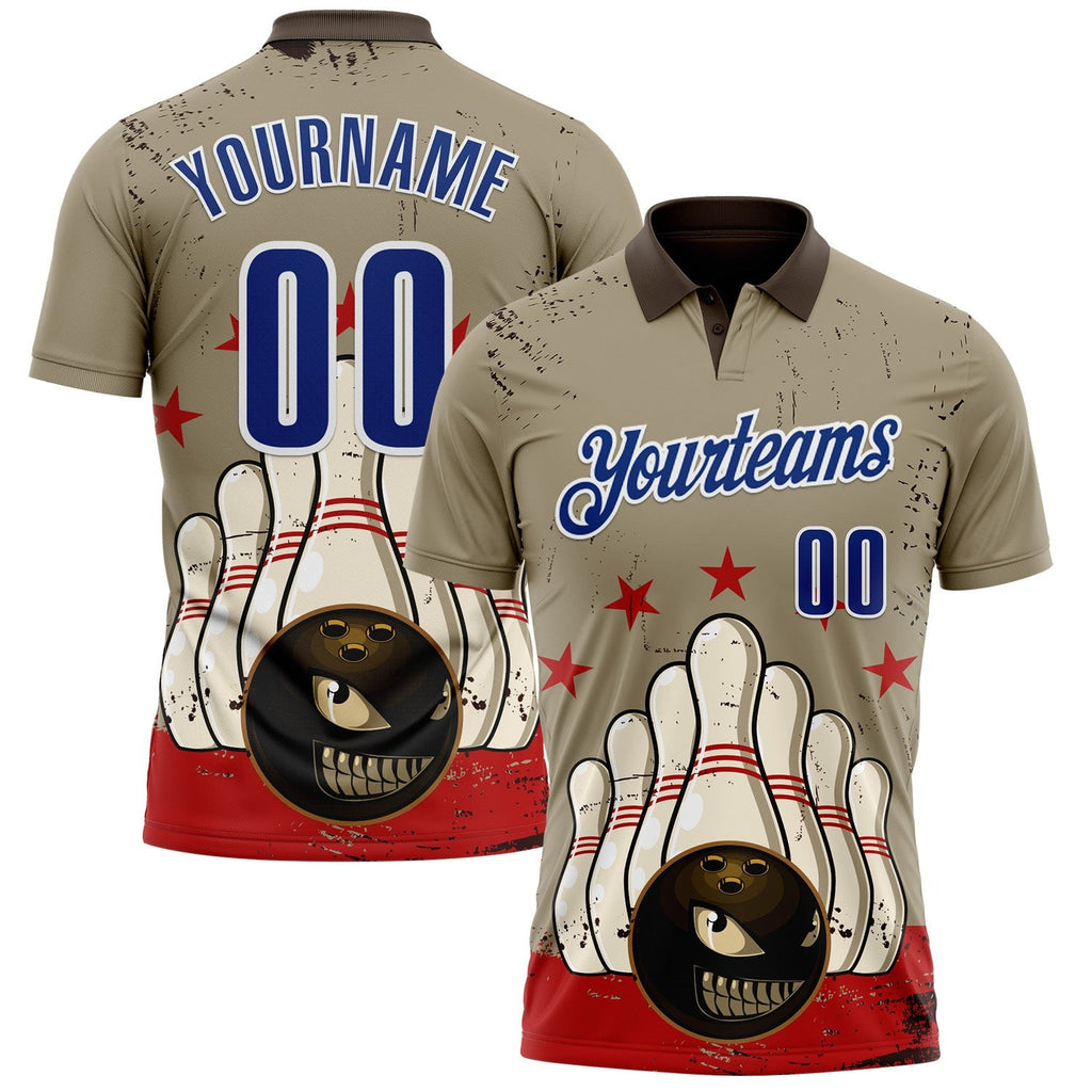 Custom Brown Royal-White Bowling Ball And Pins Strike American Inspired Performance Polo Shirt photo 1