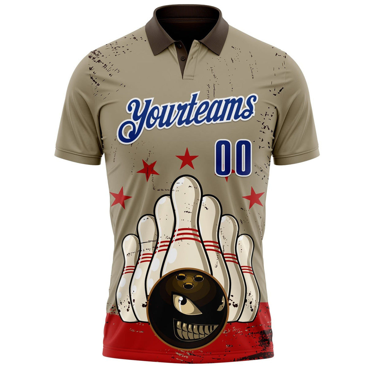 Custom Brown Royal-White Bowling Ball And Pins Strike American Inspired Performance Polo Shirt photo 2