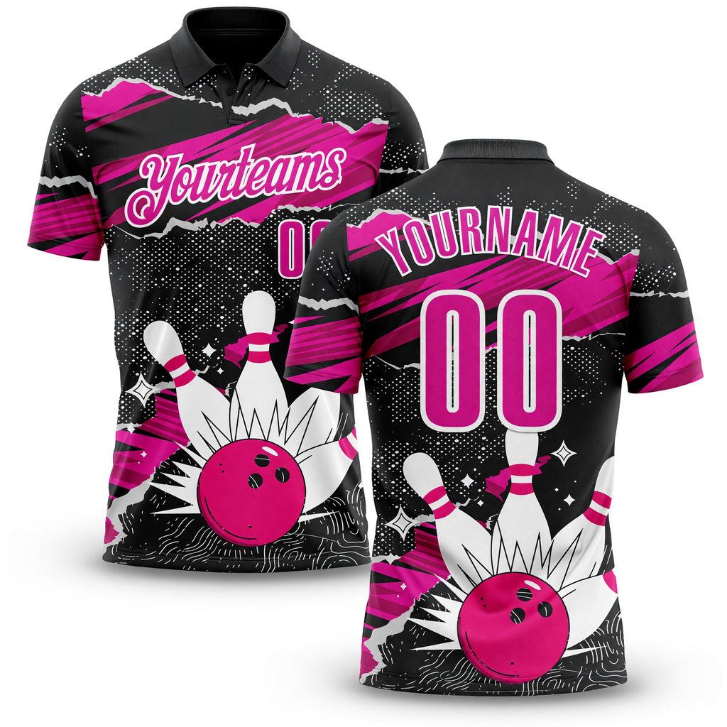 Custom Black Deep Pink-White Bowling Ball And Pins Strike Performance Polo Shirt