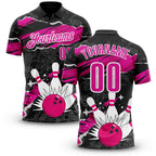 Custom Black Deep Pink-White Bowling Ball And Pins Strike Performance Polo Shirt