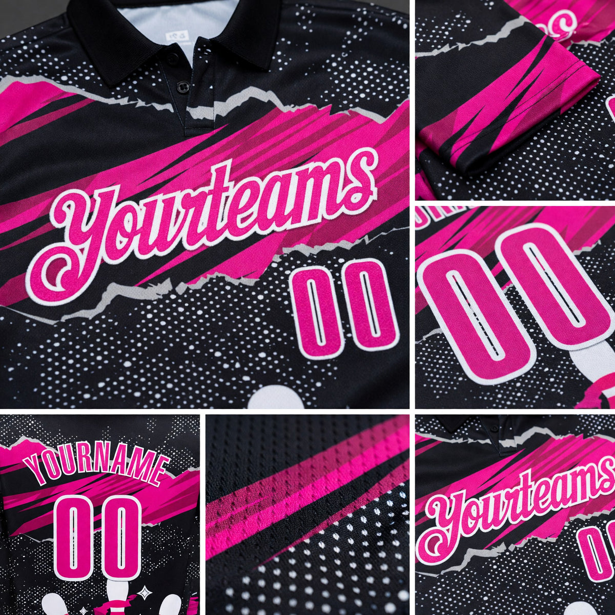 Custom Black Deep Pink-White Bowling Ball And Pins Strike Performance Polo Shirt detail