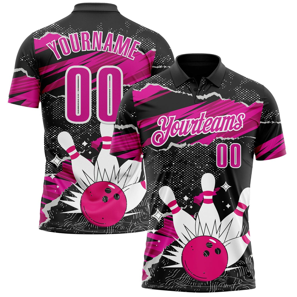 Custom Black Deep Pink-White Bowling Ball And Pins Strike Performance Polo Shirt photo 1