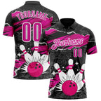 Custom Black Deep Pink-White Bowling Ball And Pins Strike Performance Polo Shirt photo 1
