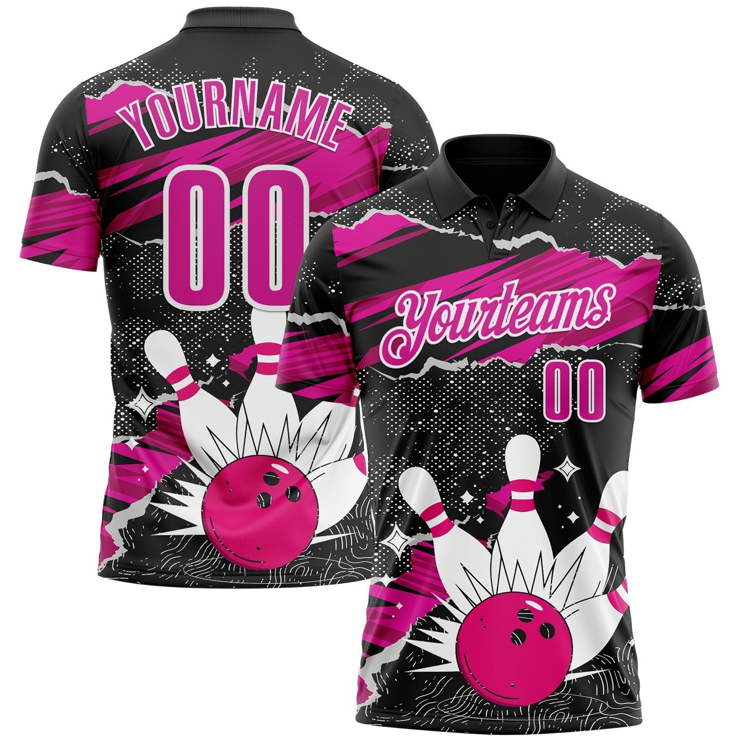 Custom Black Deep Pink-White Bowling Ball And Pins Strike Performance Polo Shirt photo 1