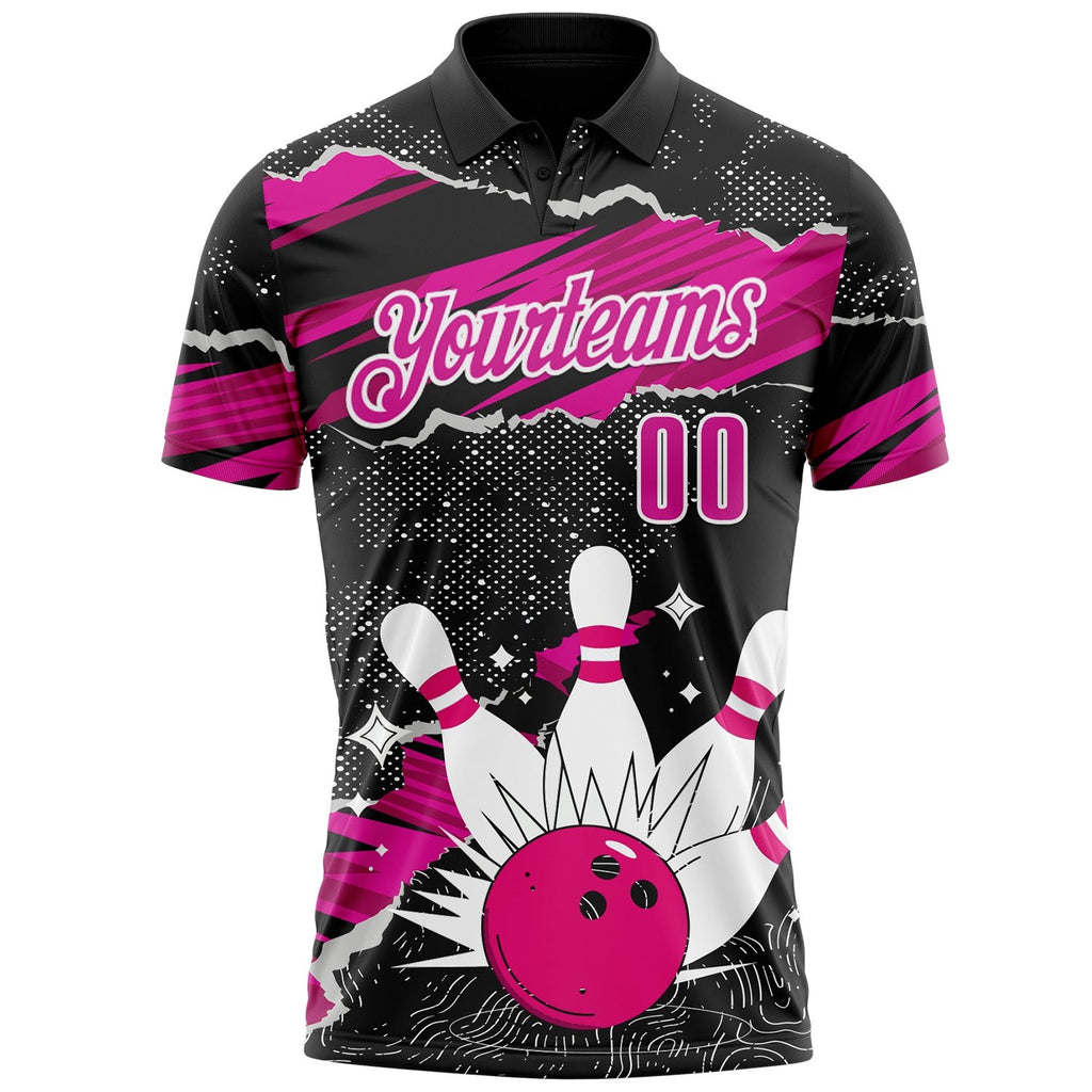 Custom Black Deep Pink-White Bowling Ball And Pins Strike Performance Polo Shirt photo 2