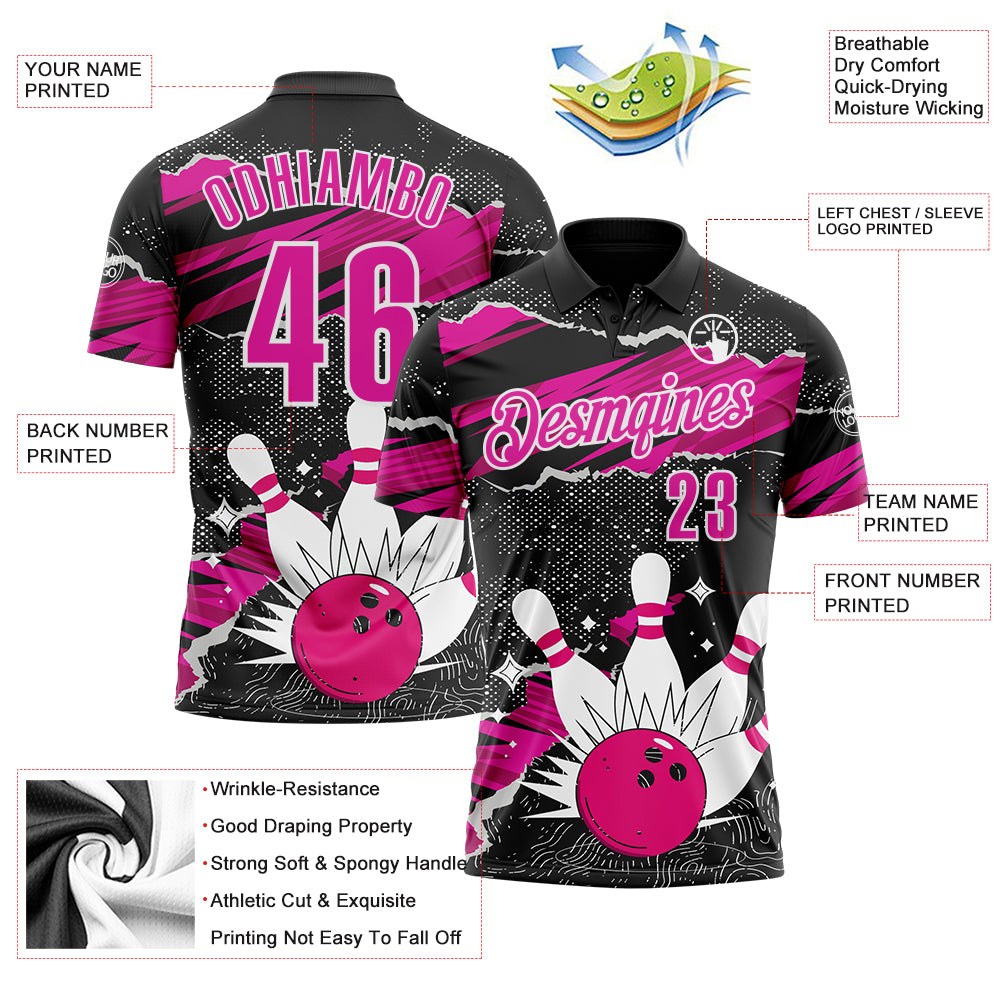 Custom Black Deep Pink-White Bowling Ball And Pins Strike Performance Polo Shirt photo 3