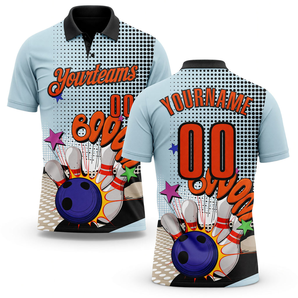 Custom Blue Orange-Black Bowling Ball And Pins Strike Performance Polo Shirt
