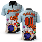 Custom Blue Orange-Black Bowling Ball And Pins Strike Performance Polo Shirt