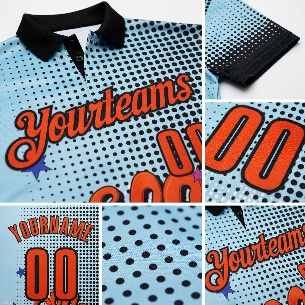 Custom Blue Orange-Black Bowling Ball And Pins Strike Performance Polo Shirt detail