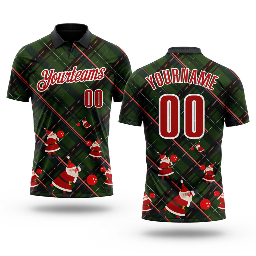 Custom Black Red Green-White Bowling Ball Christmas Santa Claus Performance Polo Shirt