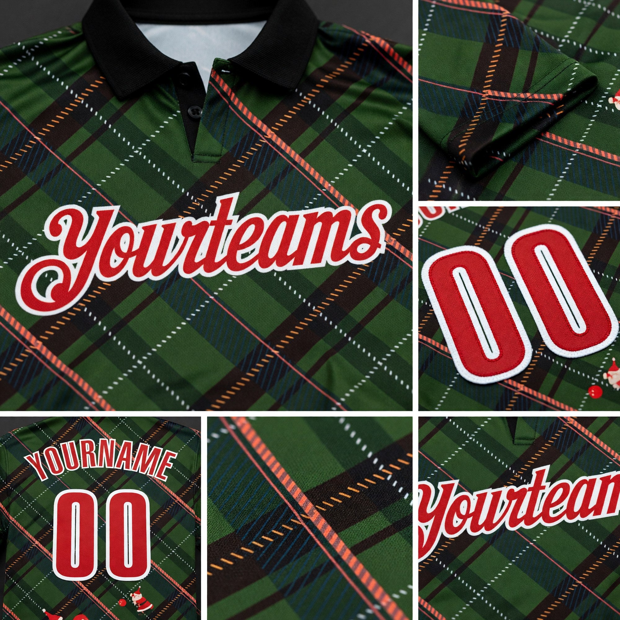 Custom Black Red Green-White Bowling Ball Christmas Santa Claus Performance Polo Shirt detail