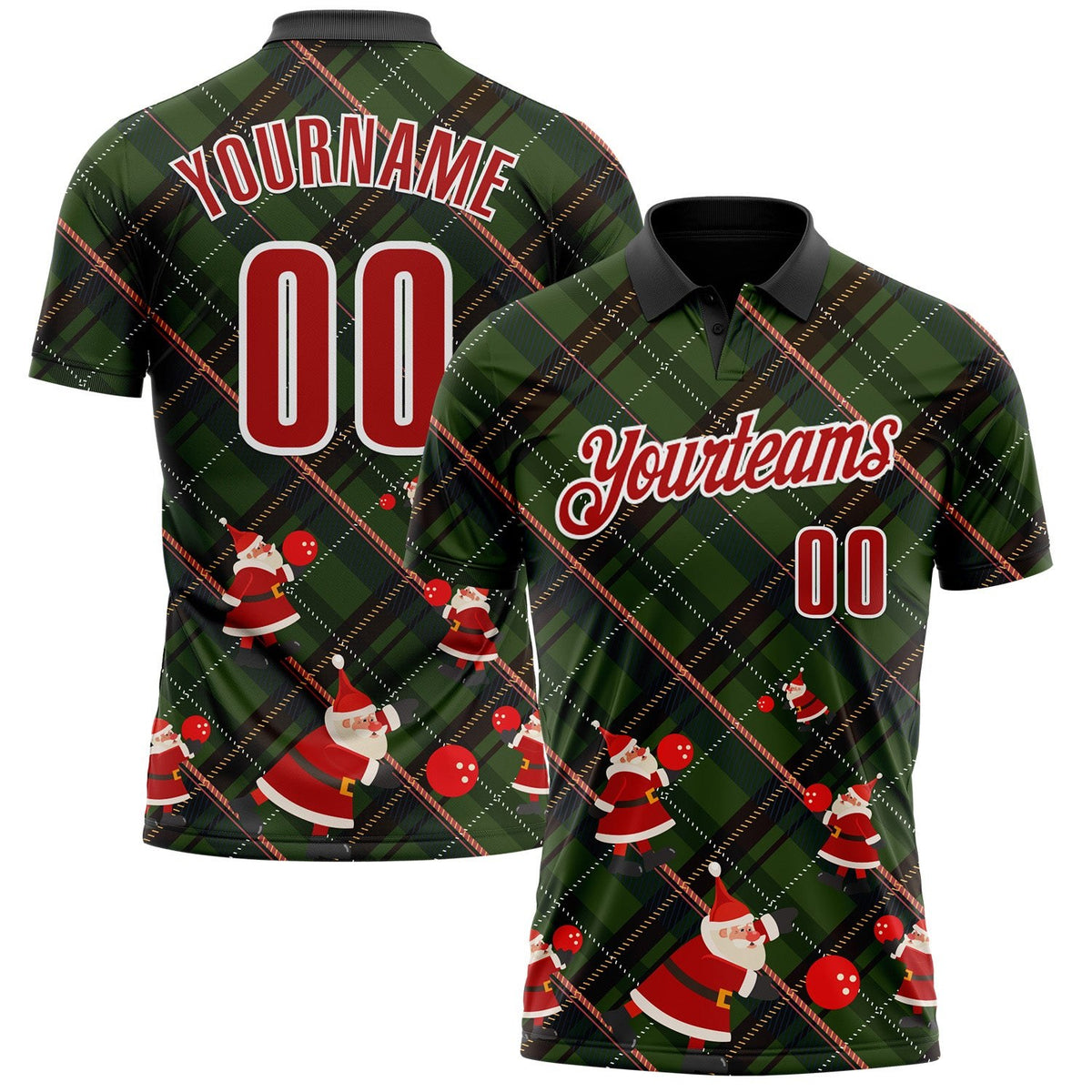 Custom Black Red Green-White Bowling Ball Christmas Santa Claus Performance Polo Shirt photo 1