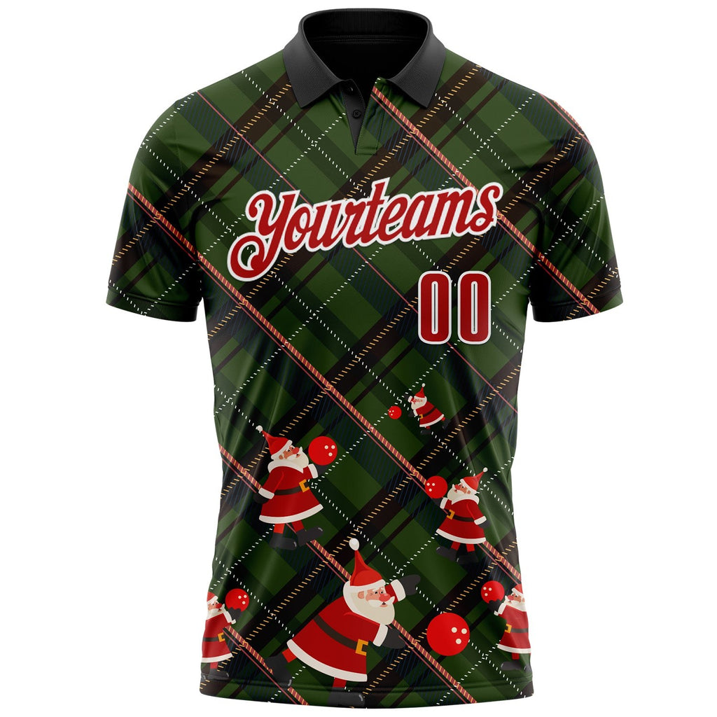 Custom Black Red Green-White Bowling Ball Christmas Santa Claus Performance Polo Shirt photo 2