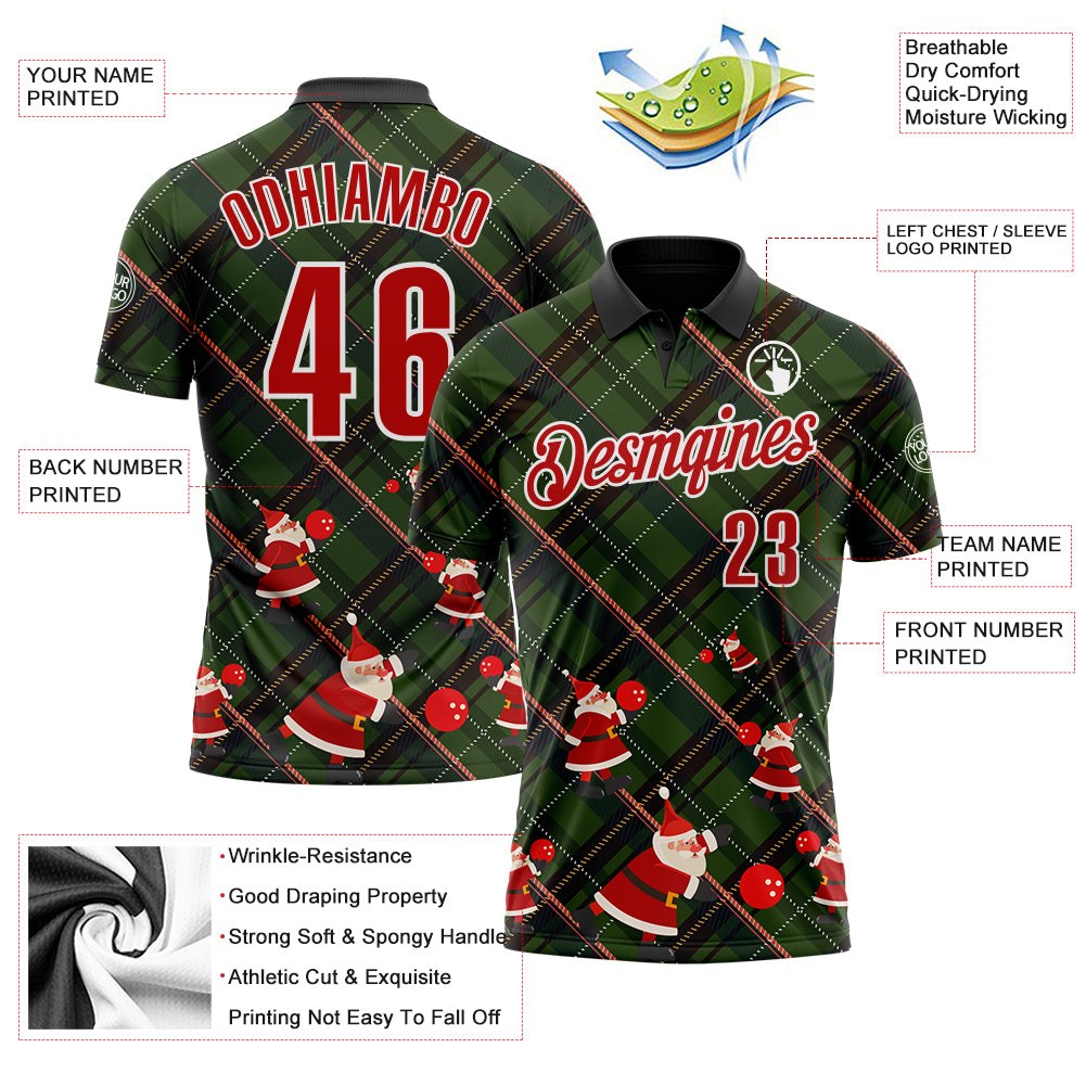 Custom Black Red Green-White Bowling Ball Christmas Santa Claus Performance Polo Shirt photo 3