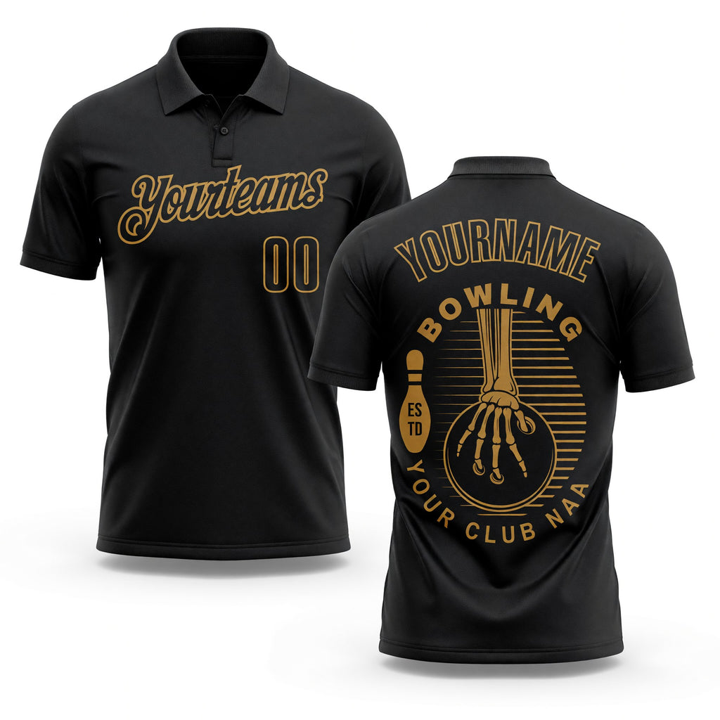 Custom Black-Old Gold Bowling Club Vintage Performance Polo Shirt