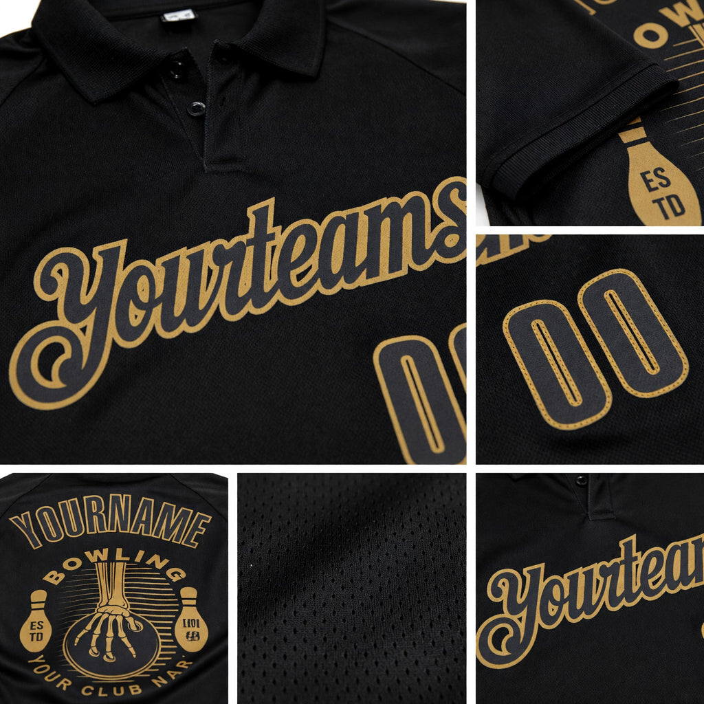 Custom Black-Old Gold Bowling Club Vintage Performance Polo Shirt detail