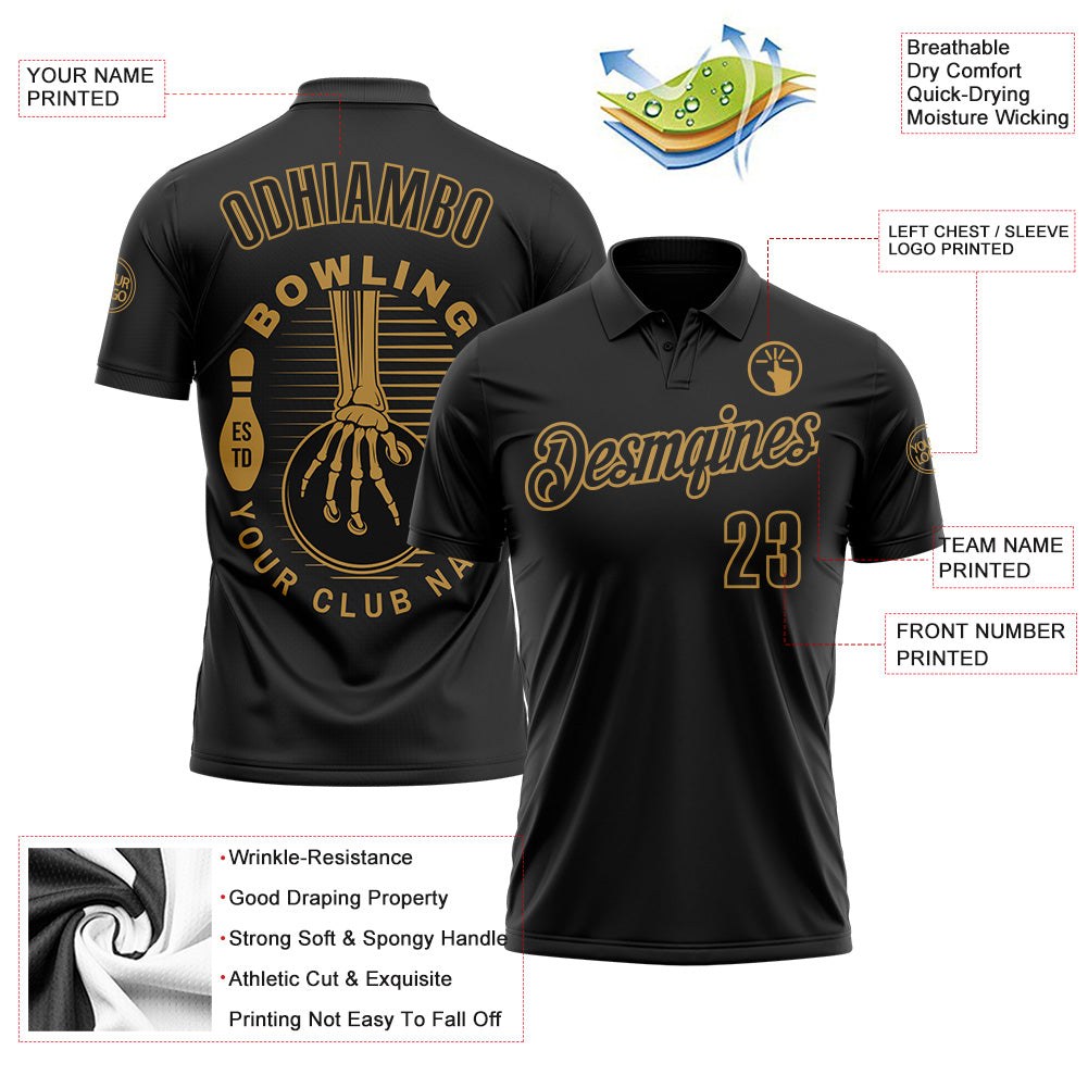 Custom Black-Old Gold Bowling Club Vintage Performance Polo Shirt photo 3