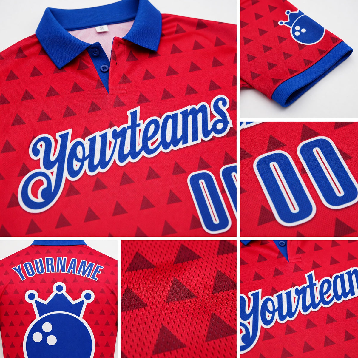 Custom Red Thunder Blue-White Bowling Ball Crown American Inspired Performance Polo Shirt detail