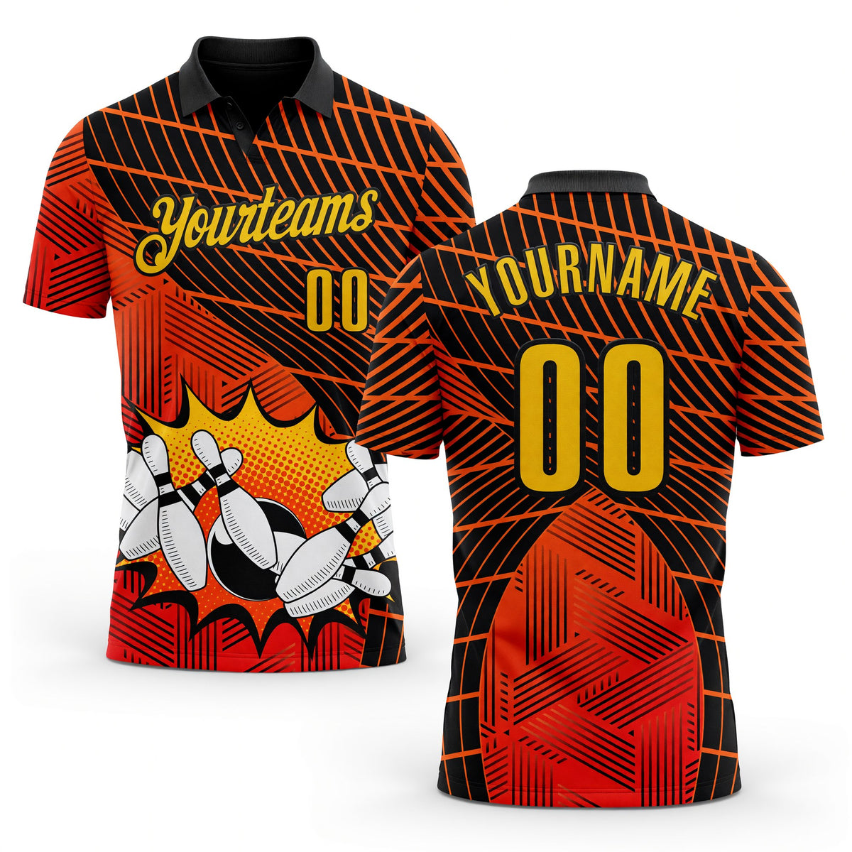 Custom Red Yellow-Black Bowling Ball And Pins Strike Performance Polo Shirt