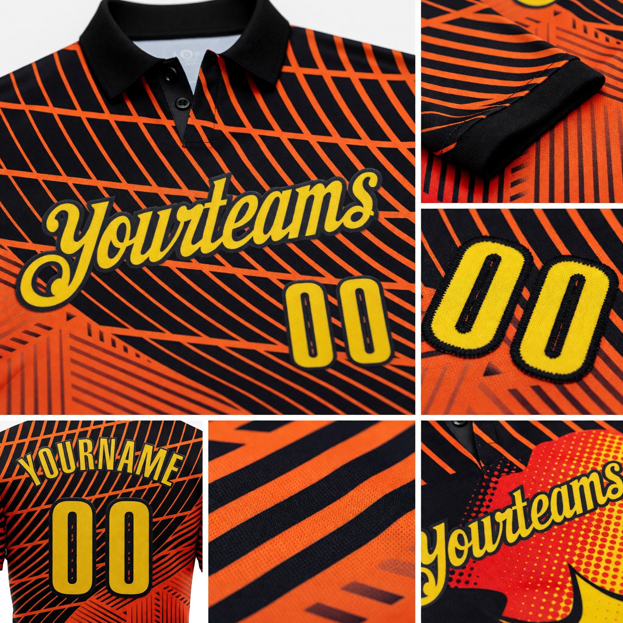 Custom Red Yellow-Black Bowling Ball And Pins Strike Performance Polo Shirt detail