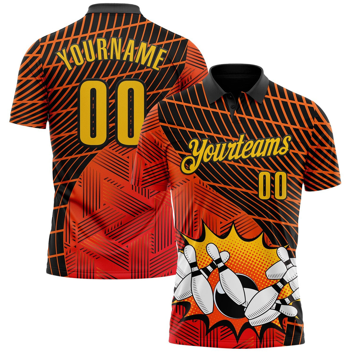 Custom Red Yellow-Black Bowling Ball And Pins Strike Performance Polo Shirt photo 1