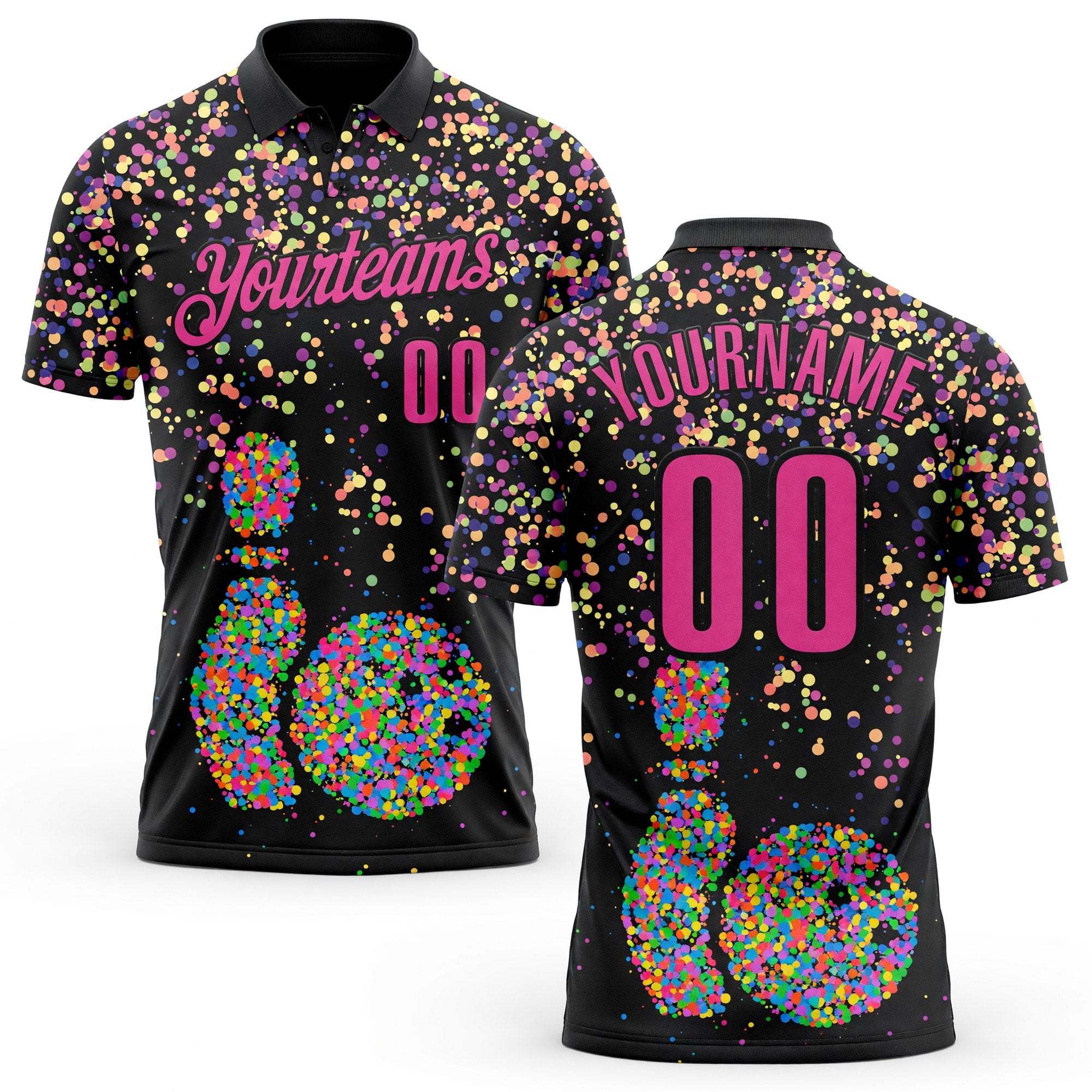 Custom Black-Pink Bowling Ball And Pins Chromatic Performance Polo Shirt