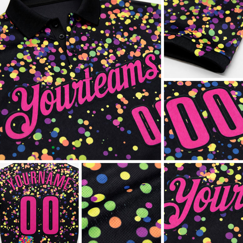 Custom Black-Pink Bowling Ball And Pins Chromatic Performance Polo Shirt detail