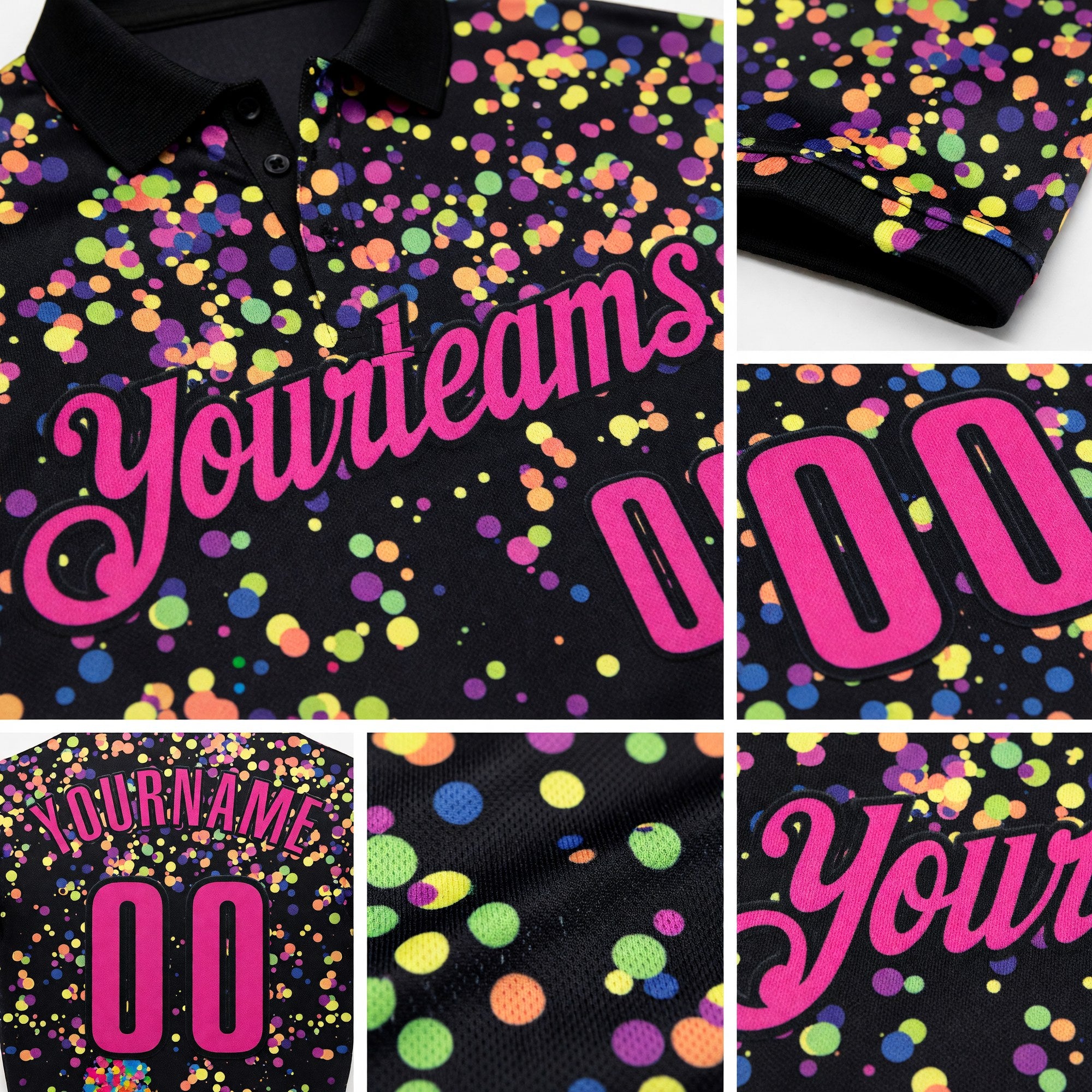 Custom Black-Pink Bowling Ball And Pins Chromatic Performance Polo Shirt detail