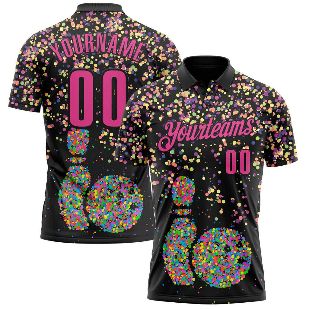 Custom Black-Pink Bowling Ball And Pins Chromatic Performance Polo Shirt photo 1
