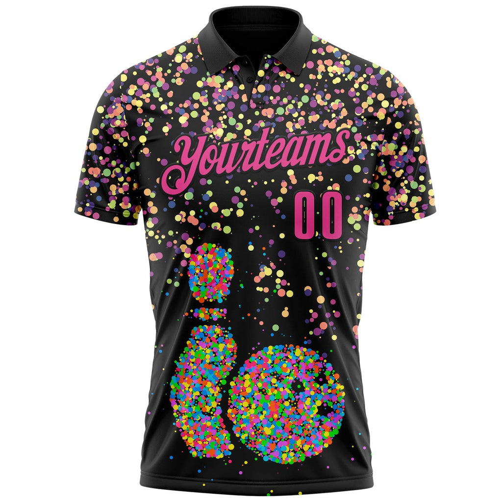 Custom Black-Pink Bowling Ball And Pins Chromatic Performance Polo Shirt photo 2