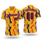 Custom Gold Dark Purple-Orange Bowling Ball And Pins Performance Polo Shirt
