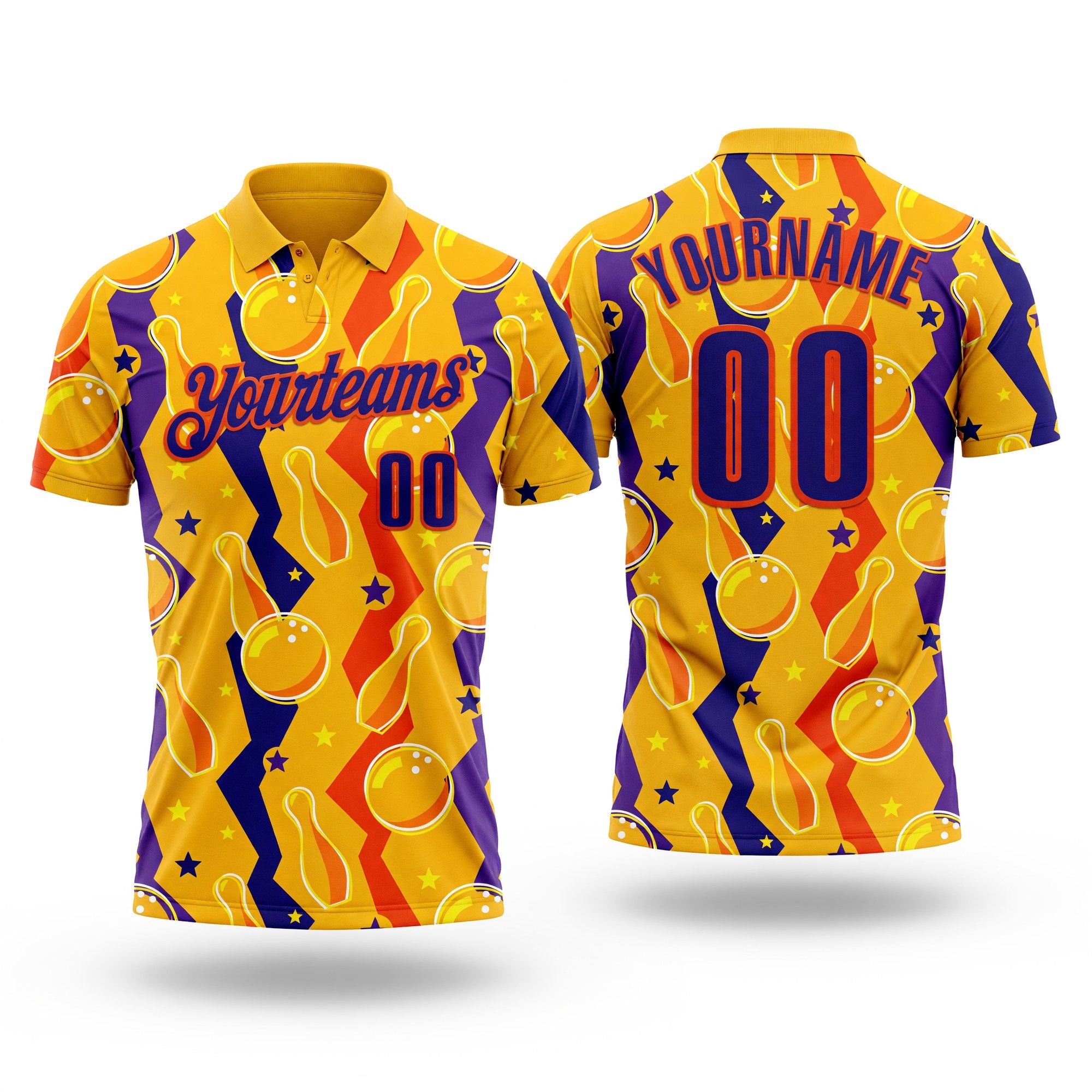 Custom Gold Dark Purple-Orange Bowling Ball And Pins Performance Polo Shirt